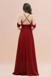 Elegant A-line Off-the-Shoulder V-neck Ruched Long Bridesmaid Dress-27dress